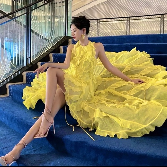 NWT Zimmermann Wonderland Silk Maxi Ruffles Dress Lemon Yellow Size 2/ Medium - Picture 2 of 14